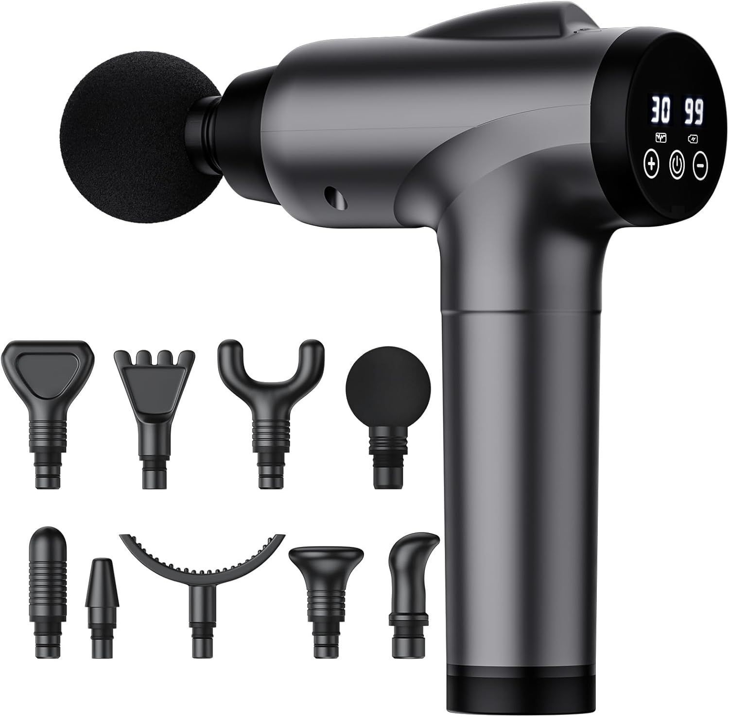 A handheld massage gun with multiple interchangeable heads; grey body, black accessories.
