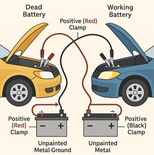 Diagram of jump-starting a dead car battery using cables from a working battery, with red and black clamps.