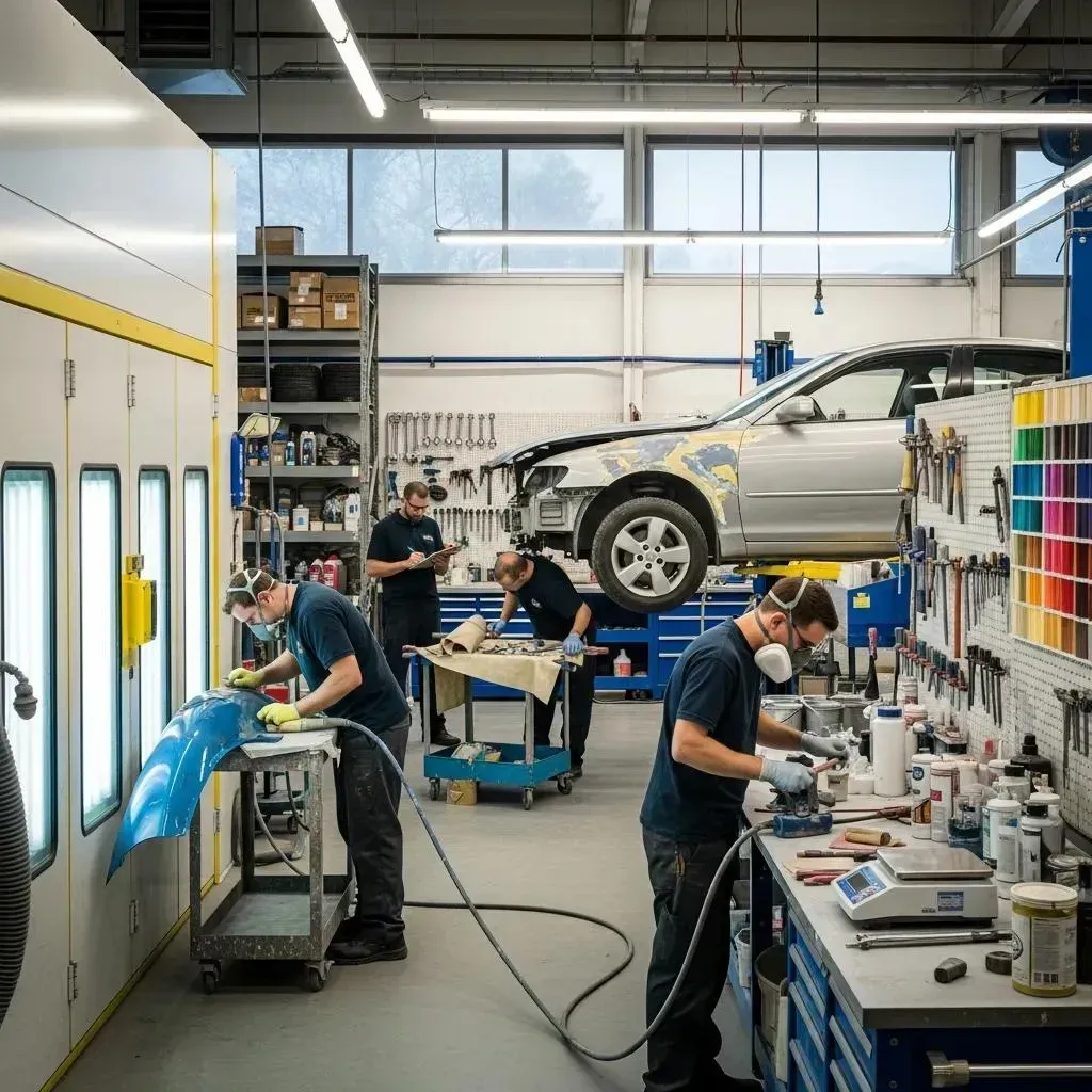 Auto repair shop with mechanics working on a silver car on a lift and tools at workbenches