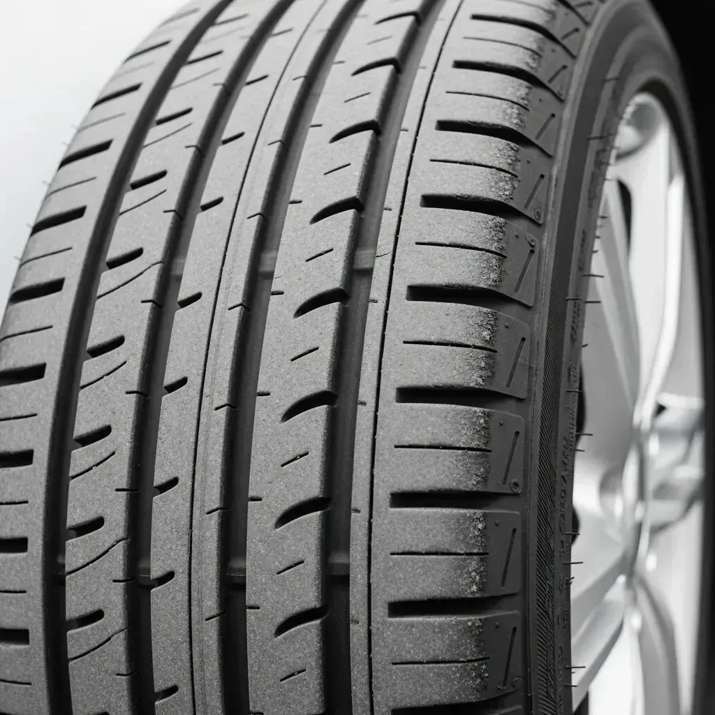 Close-up of two black car tires with tread detail on a silver wheel.