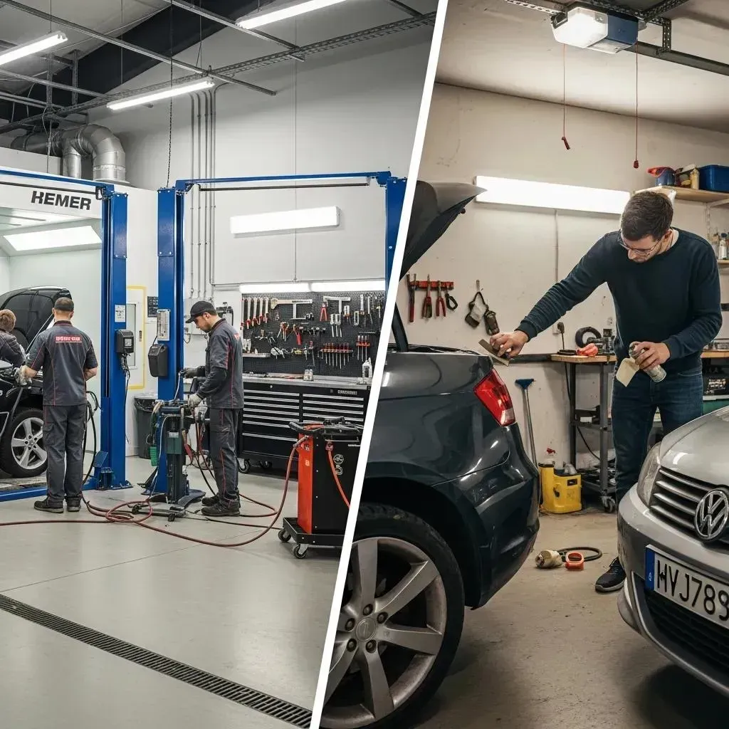 Split view of auto repair: mechanics in blue shop beside a black car being serviced in a garage