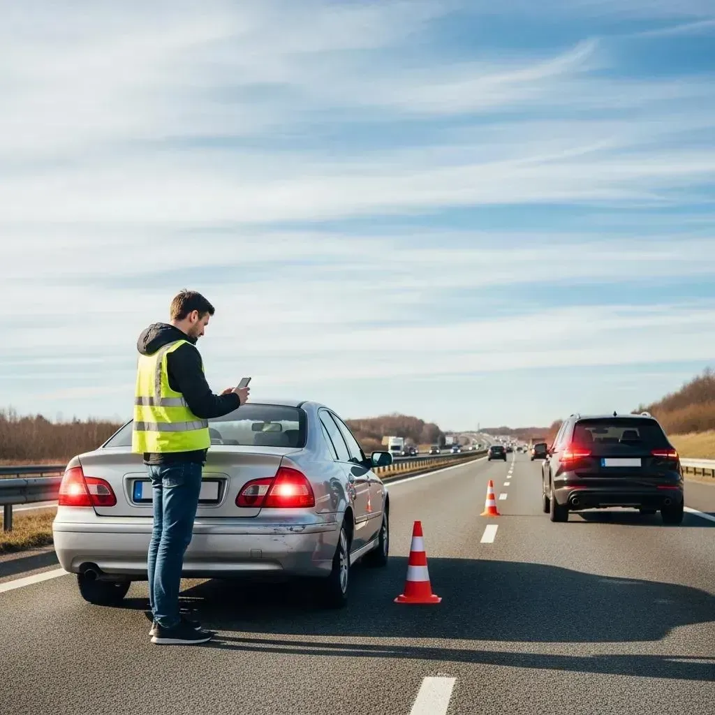 Traffic stop on a highway: officer in yellow vest speaks to driver beside a silver car and traffic cones.