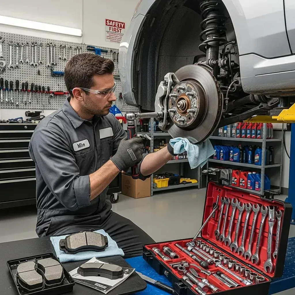 Mechanic working on a car brake rotor in a repair shop, with tools laid out nearby
