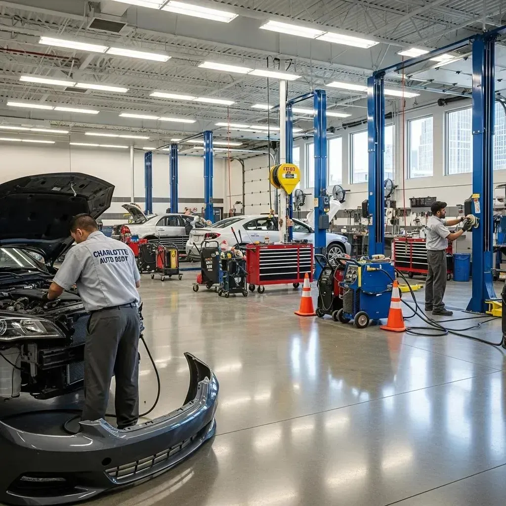 Auto repair shop with several cars on lifts and a mechanic working on a black car in the foreground