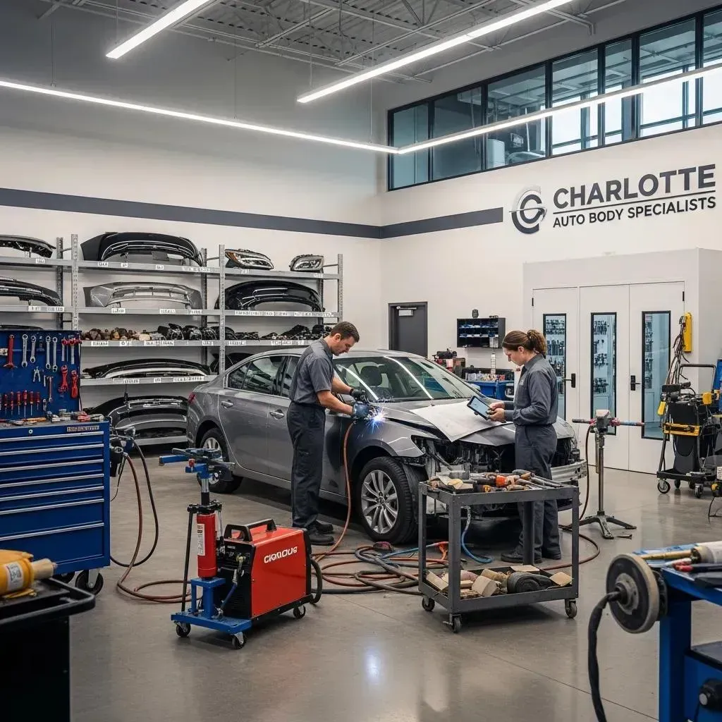 Mechanic shop with two workers repairing a gray car amid tools and equipment
