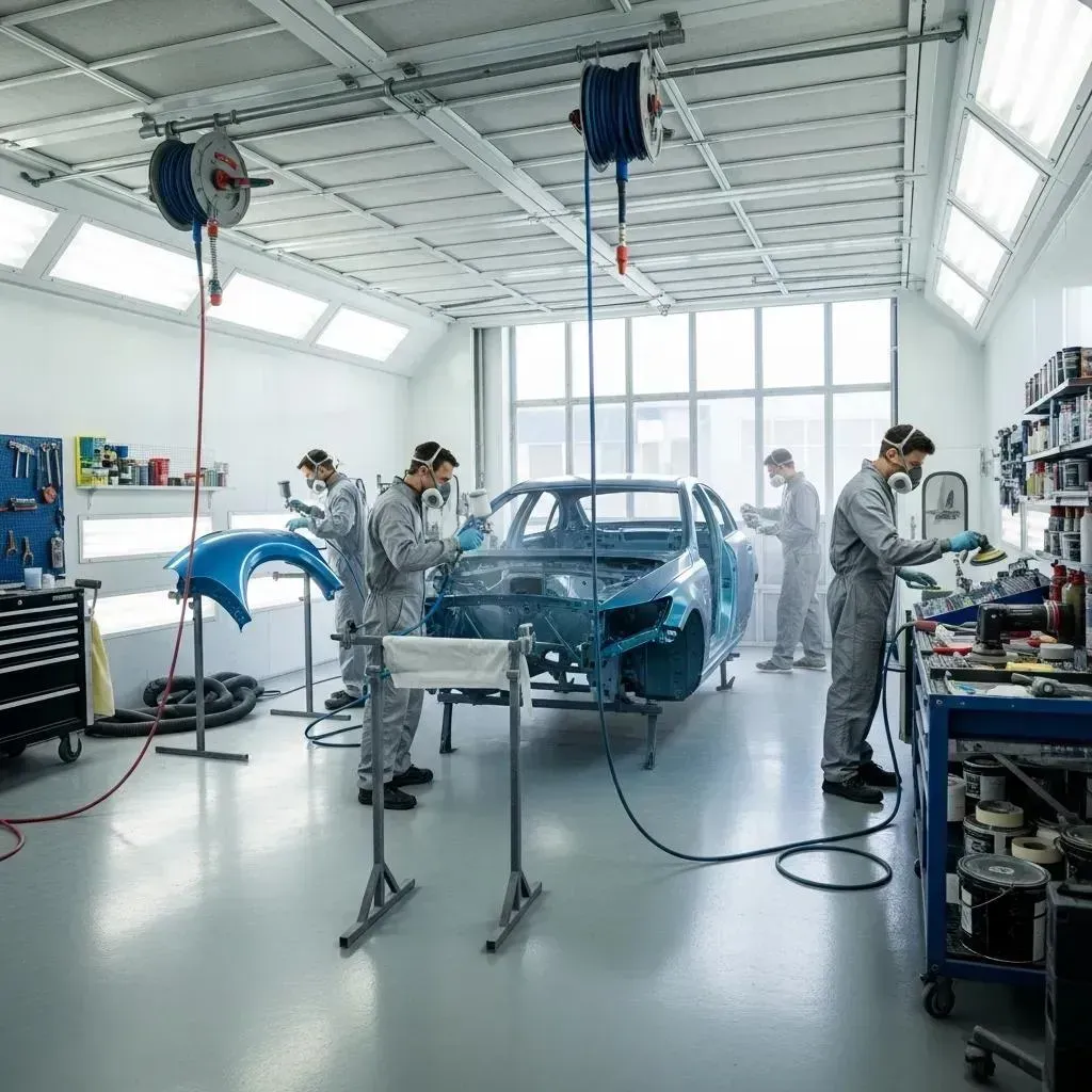 Auto repair shop with technicians working on a blue car in a bright service bay