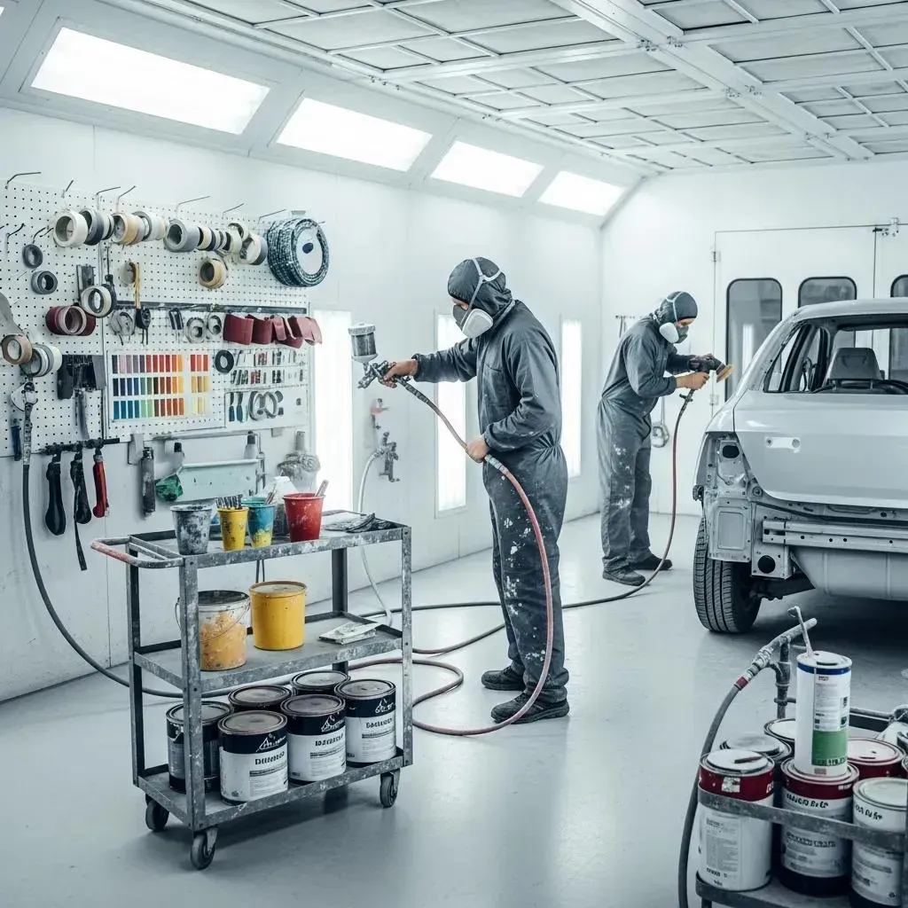 Auto body shop with workers spray-painting a white SUV in a bright, organized paint booth