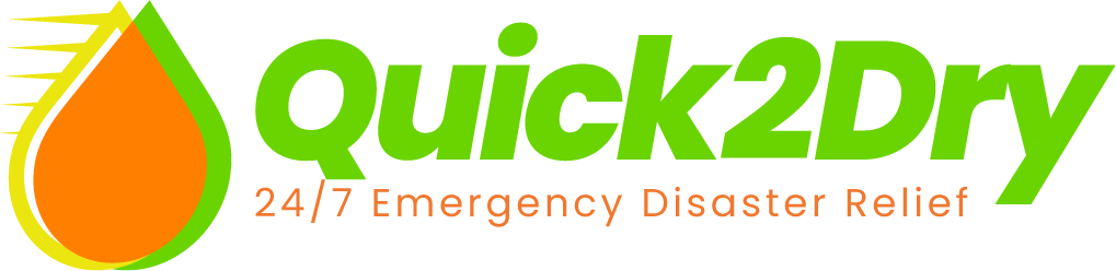 Logo for Quick2Dry, 24/7 Emergency Disaster Relief, featuring a green and orange water drop.