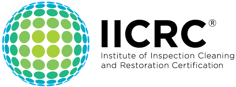 IICRC logo: Globe of blue and green dots next to bold text, Institute of Inspection Cleaning and Restoration Certification.