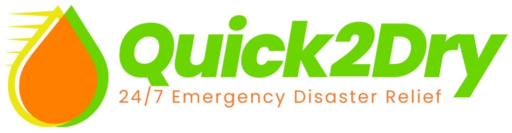 Logo for Quick2Dry, a disaster relief service. Features a green and orange water droplet and the company name.