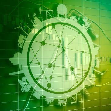 Green industrial globe silhouette with data lines and a light green chart background.