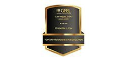 Award badge for Top 100 Visionaries in Education.  GFEL, Las Vegas, USA.  Christille L. Cox.  Black and gold design.