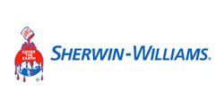 Sherwin-Williams logo: red paint can pouring onto a globe, with the company name in blue.