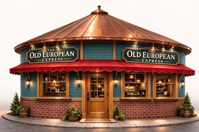 Round, teal shop with a copper roof, red awning, and brick base, labeled The Old European Express.