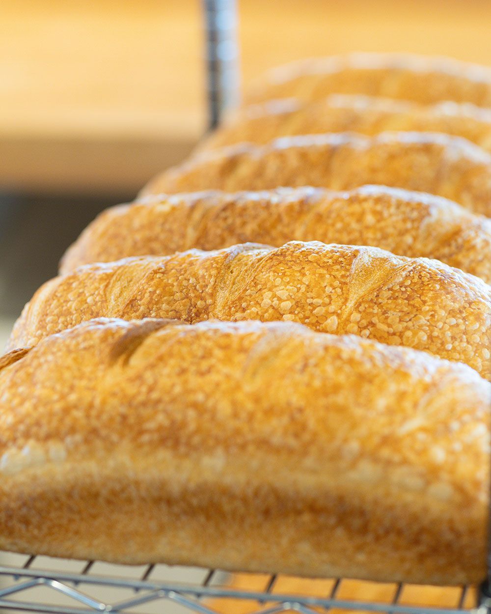 Rows of freshly baked bread loaves on a metal rack.