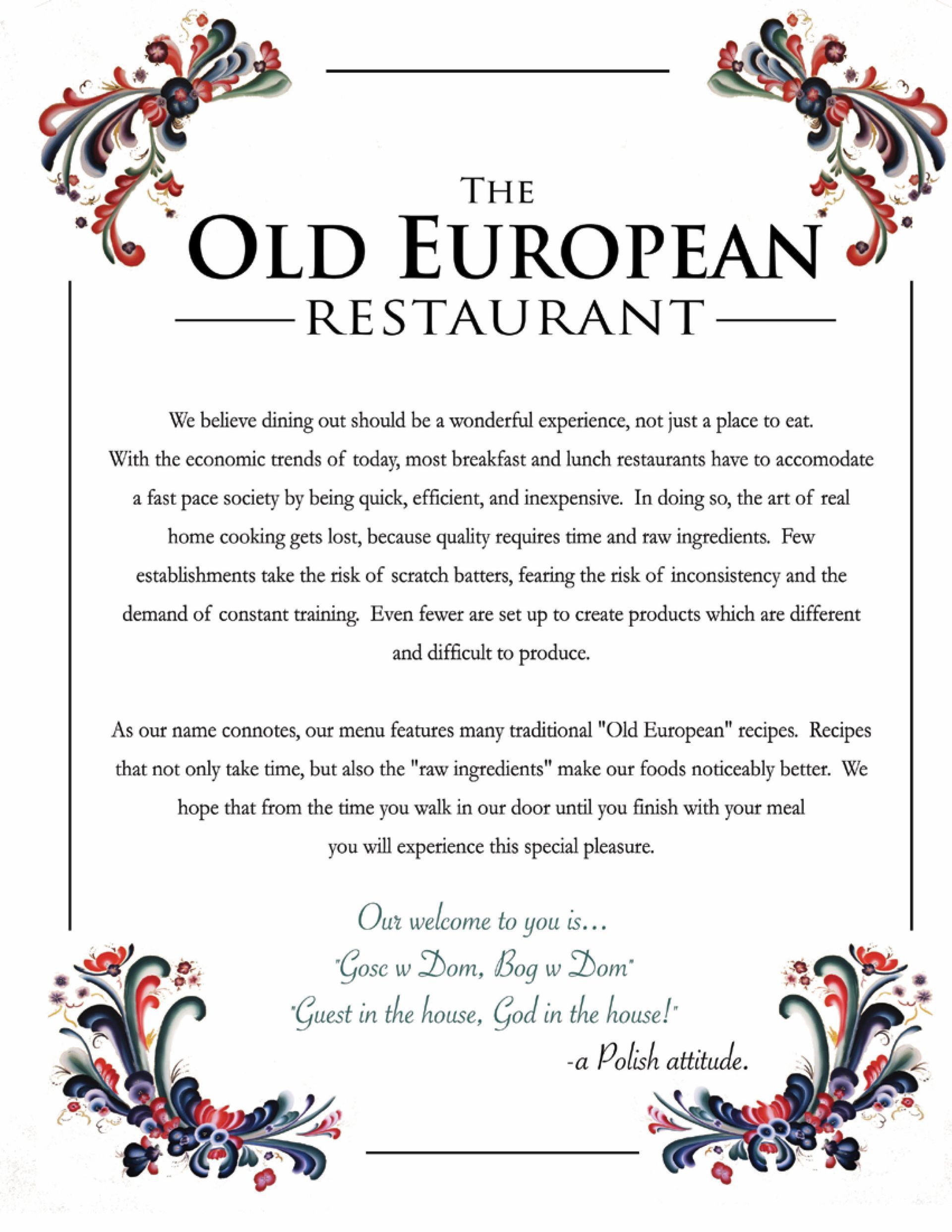 The Old European Restaurant menu with floral border and text.