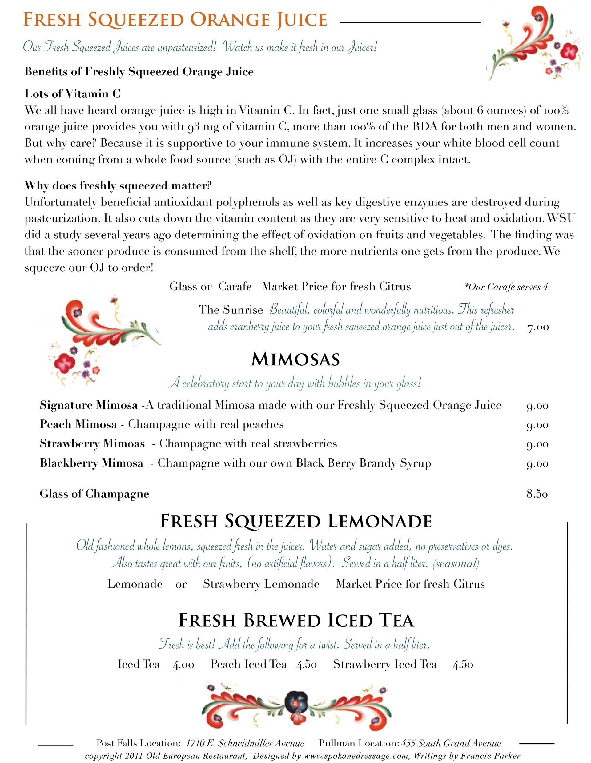 The Old European Restaurant menu with floral border and text.