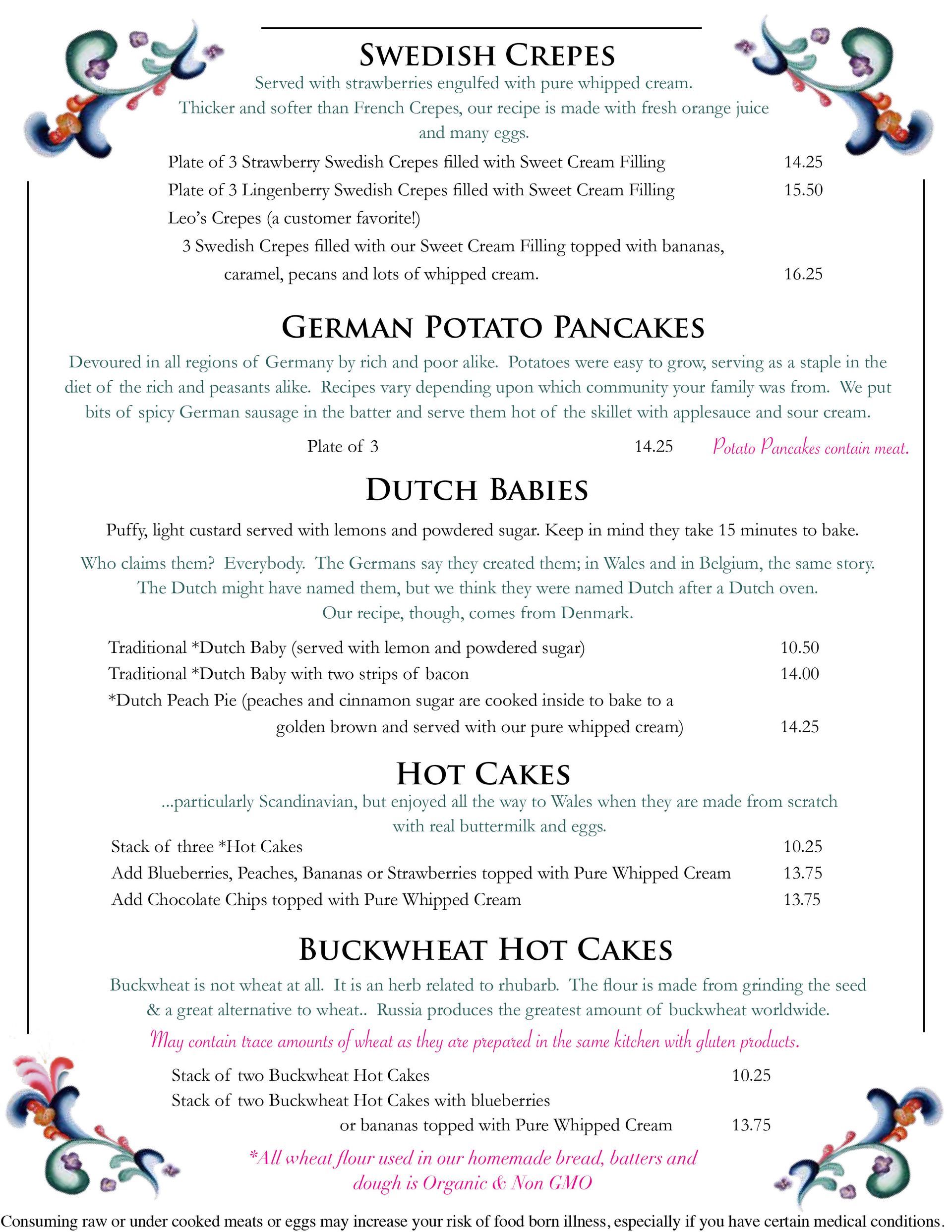 The Old European Restaurant menu with floral border and text.