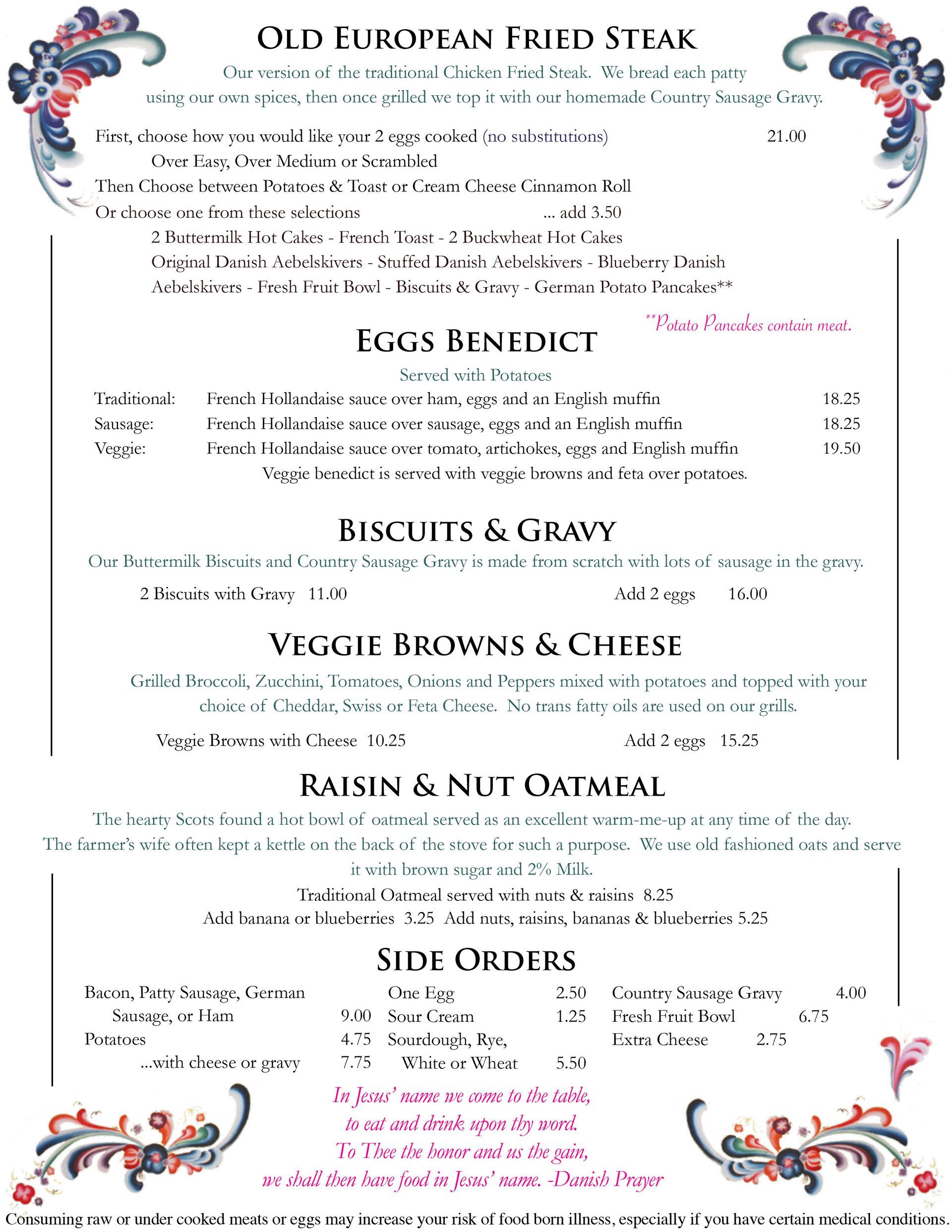 The Old European Restaurant menu with floral border and text.