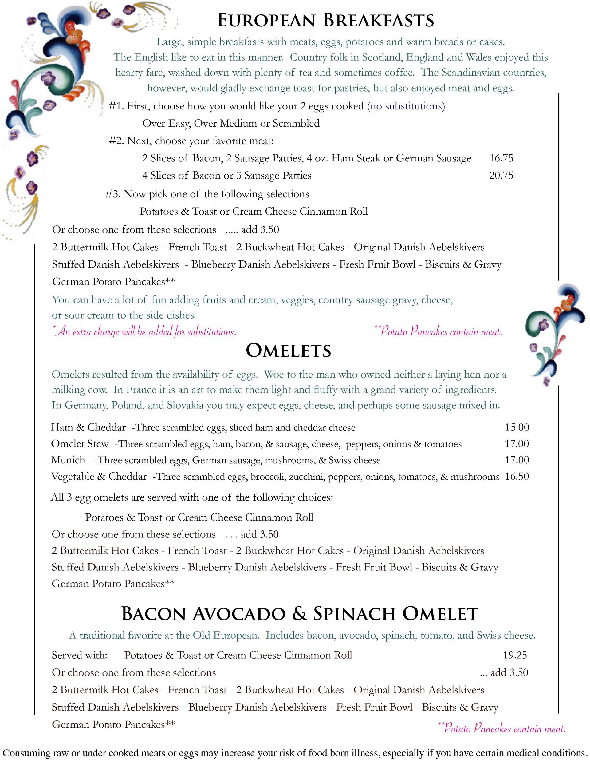 The Old European Restaurant menu with floral border and text.