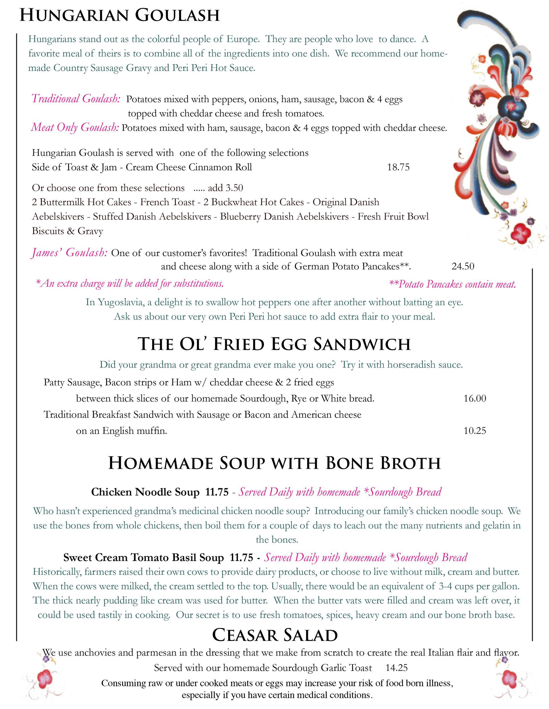 The Old European Restaurant menu with floral border and text.