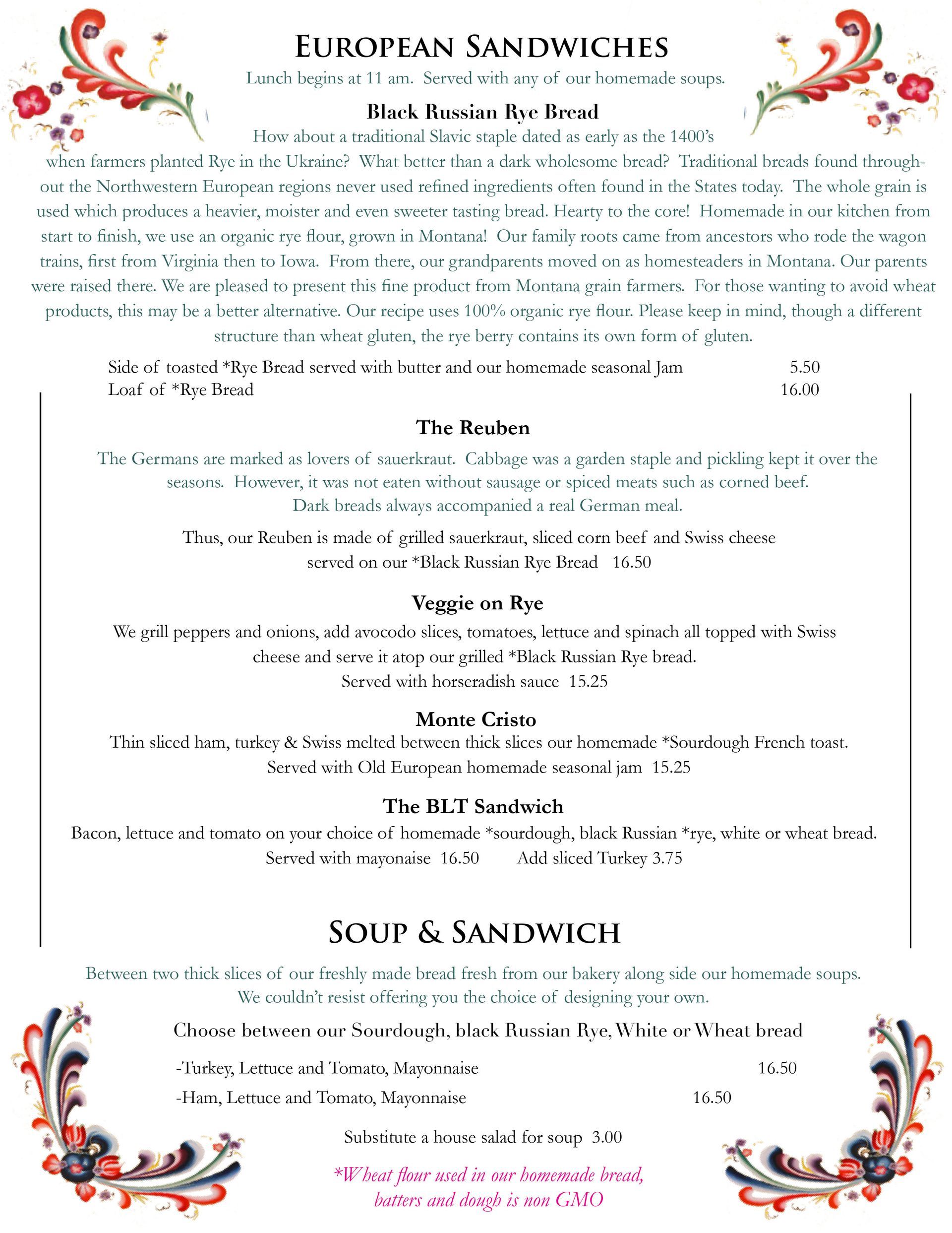 The Old European Restaurant menu with floral border and text.