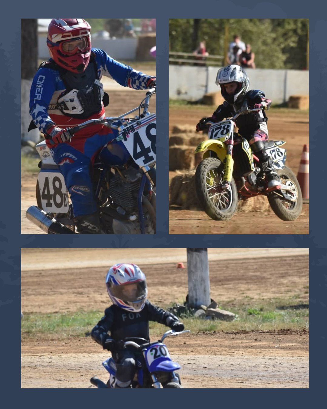 Dirt bike riders in action, on a dirt track.