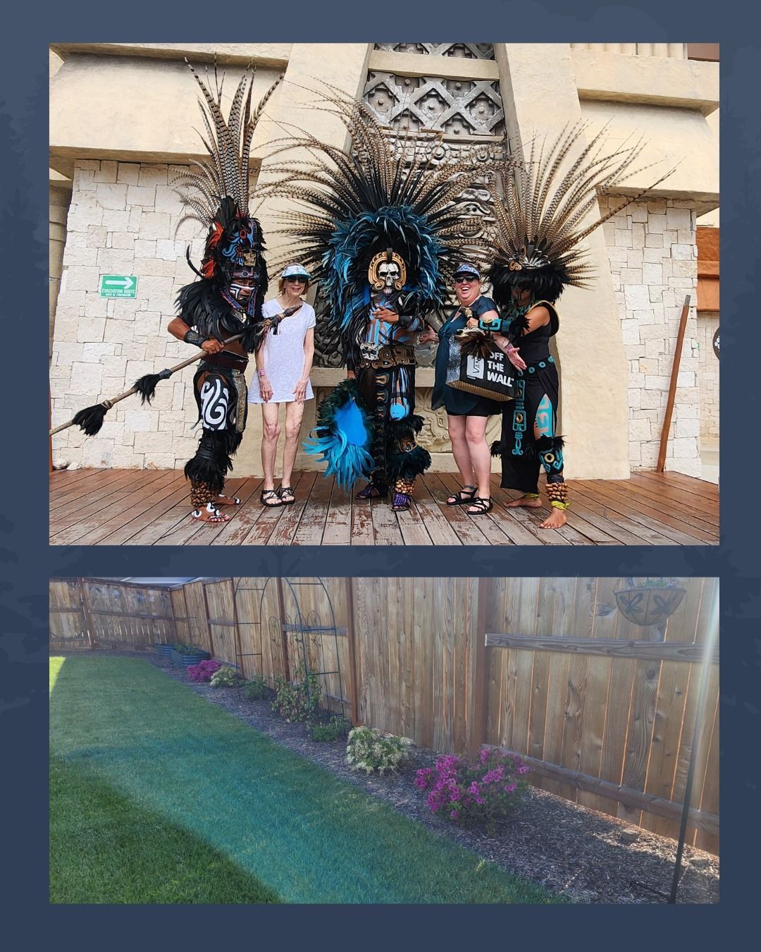 Two groups of people posing with performers in elaborate headdresses