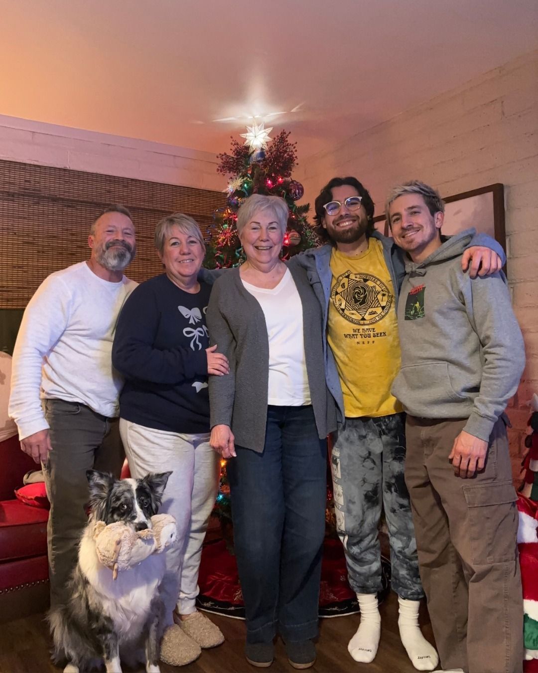 Five people and a dog pose for a festive family photo in front of a decorated Christmas tree. 