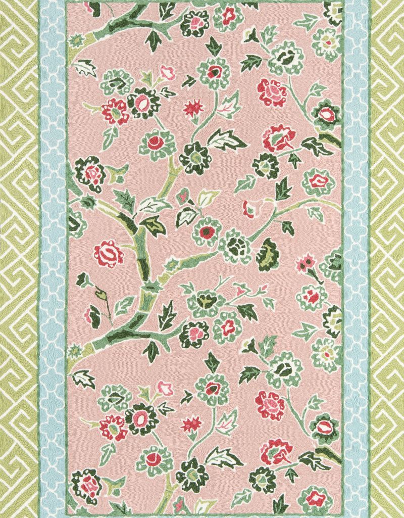 Pink floral rug with green accents and light blue and green border.