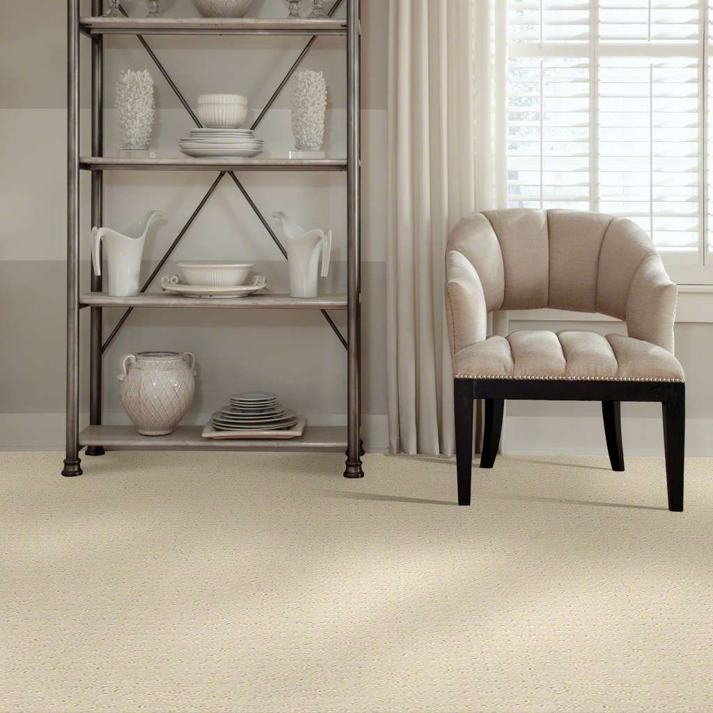 Cream carpet in a room with a metal shelf displaying pottery and a beige upholstered chair near a window with white blinds.