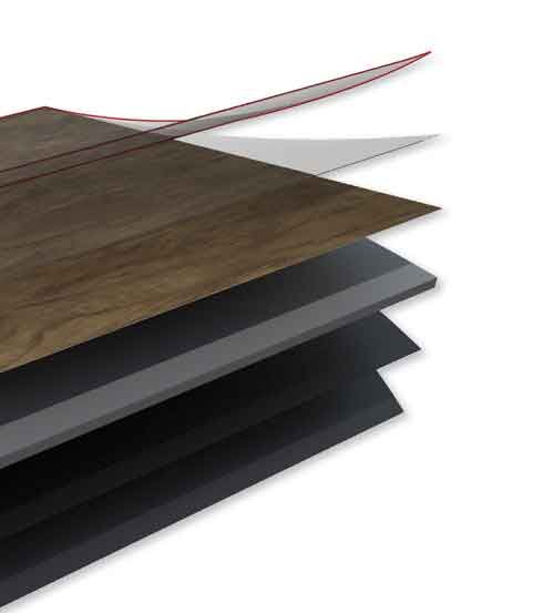 Exploded view of layered flooring, showing wood-look top layer, core, and underlayment in shades of gray and black.