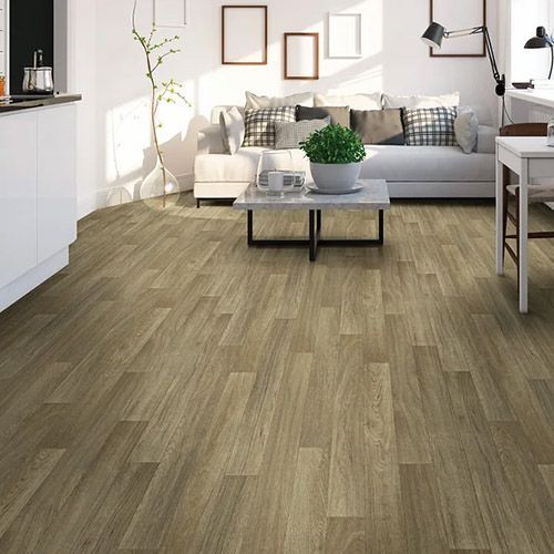 Living room with wood-look flooring, white walls, sofa, coffee table, and dining table.