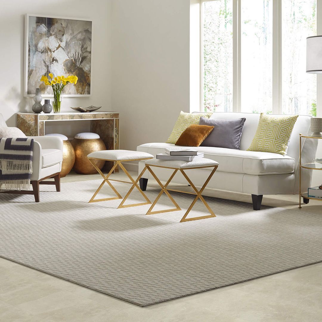 Living room with white sofa, gold accents, and a light gray patterned rug.
