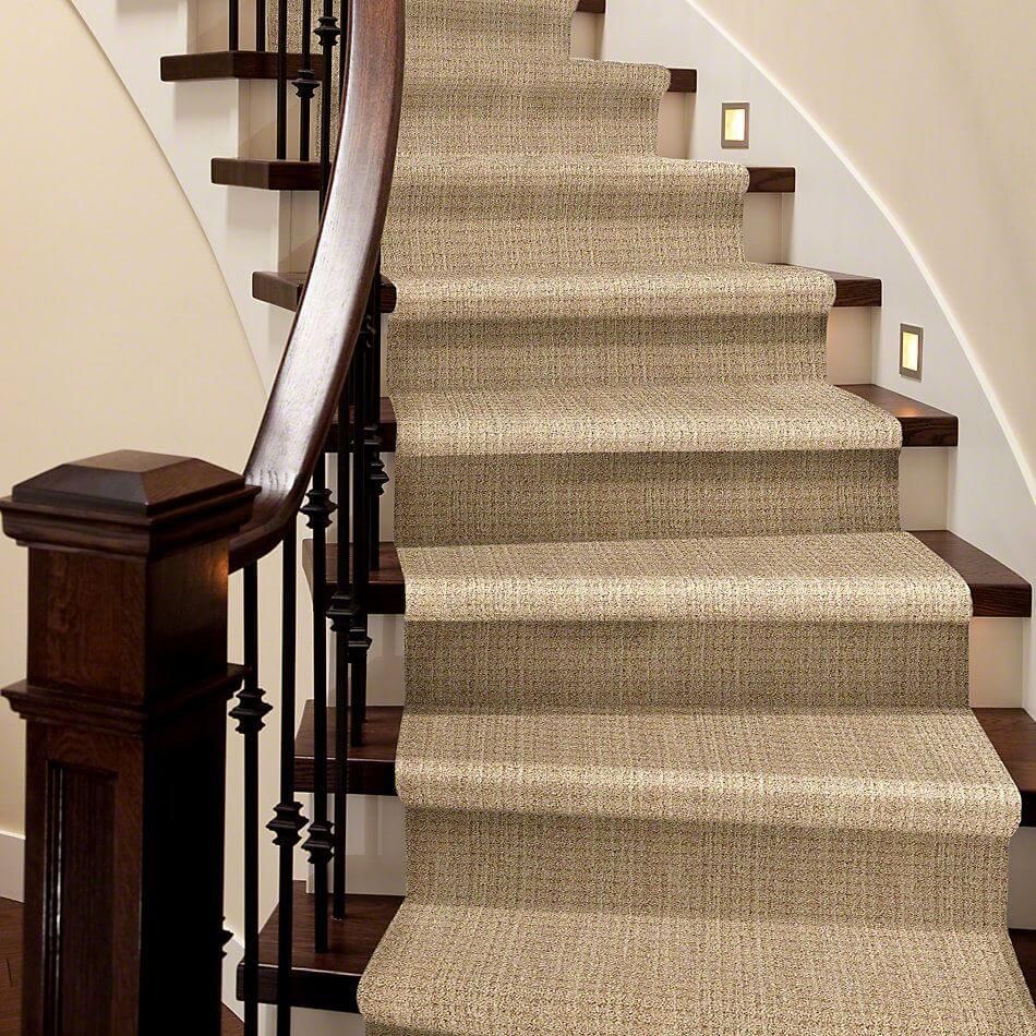 Carpeted staircase with dark wood railing and cream-colored walls.