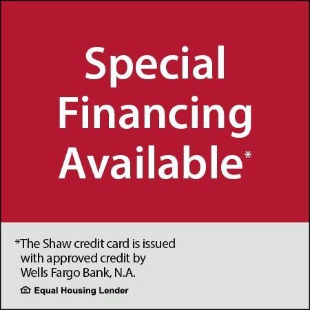 Red square with white text: Special Financing Available*. Fine print: Shaw credit card issued by Wells Fargo.