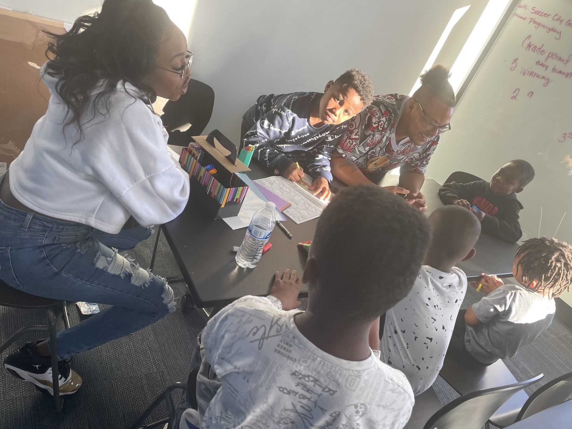 Woman taking with kids