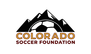 The colorado soccer foundation logo has a soccer ball in the middle of a mountain.