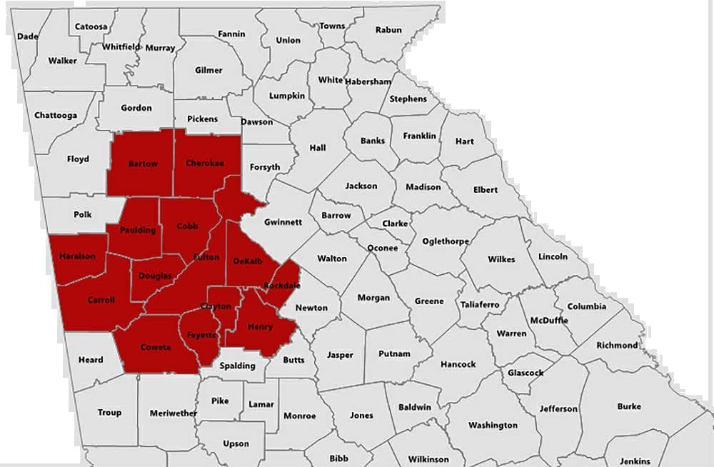 Map of Georgia with a section of counties highlighted in red.