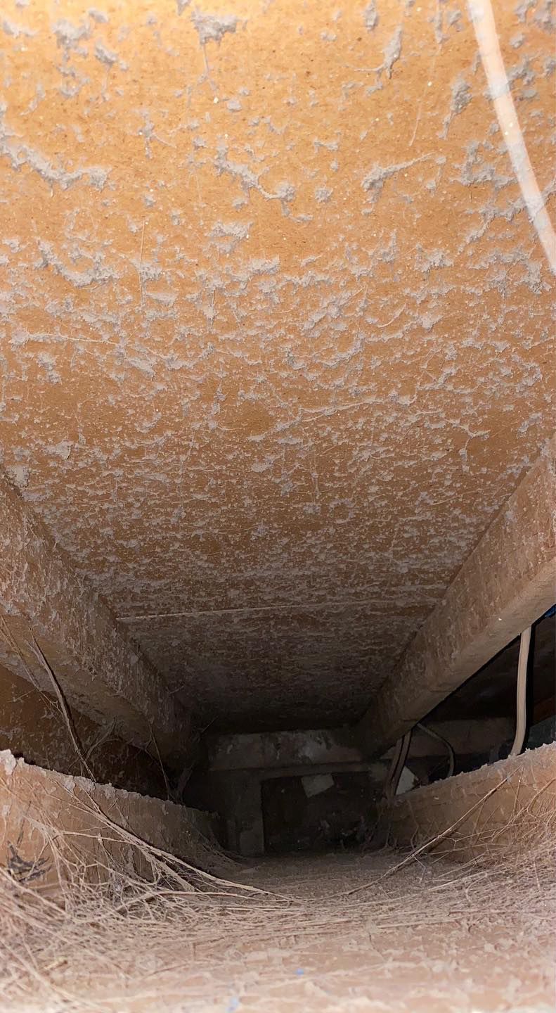 Interior view of a dusty duct, covered in white particles, with a cobweb visible near the bottom.