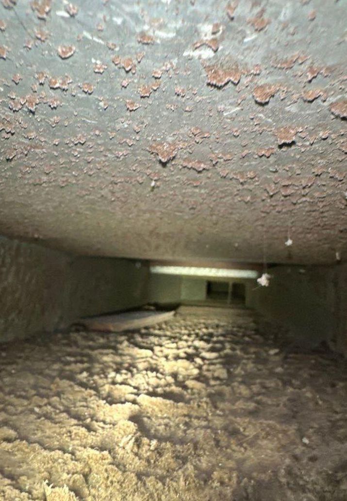 Inside of an air duct, coated with dust and flaking brown material.