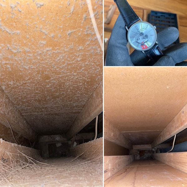 Dusty air ducts before and after cleaning; Mickey Mouse watch and parts tray are also shown.