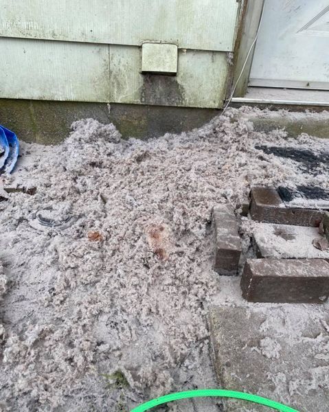 Pile of dusty debris, likely lint, overflowing from an exterior vent near a building's foundation.