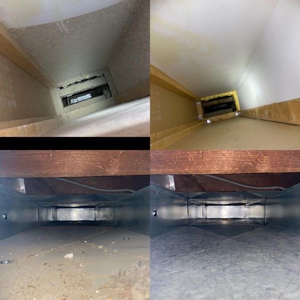 Before and after views of a rectangular air duct: dusty interior before, clean and shiny after cleaning.