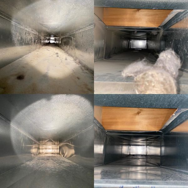 Four views inside air ducts, showing dust and debris buildup before cleaning, with one cleaned section.
