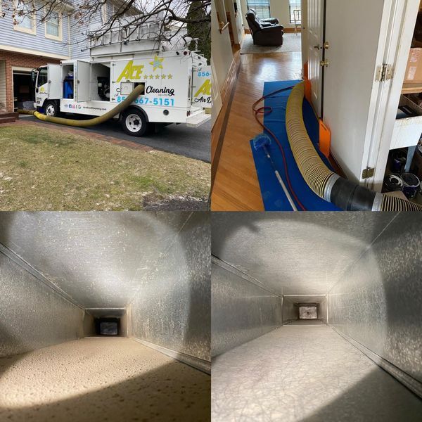 Air duct cleaning service in progress: truck outside house, hose inside, and before/after ductwork views.