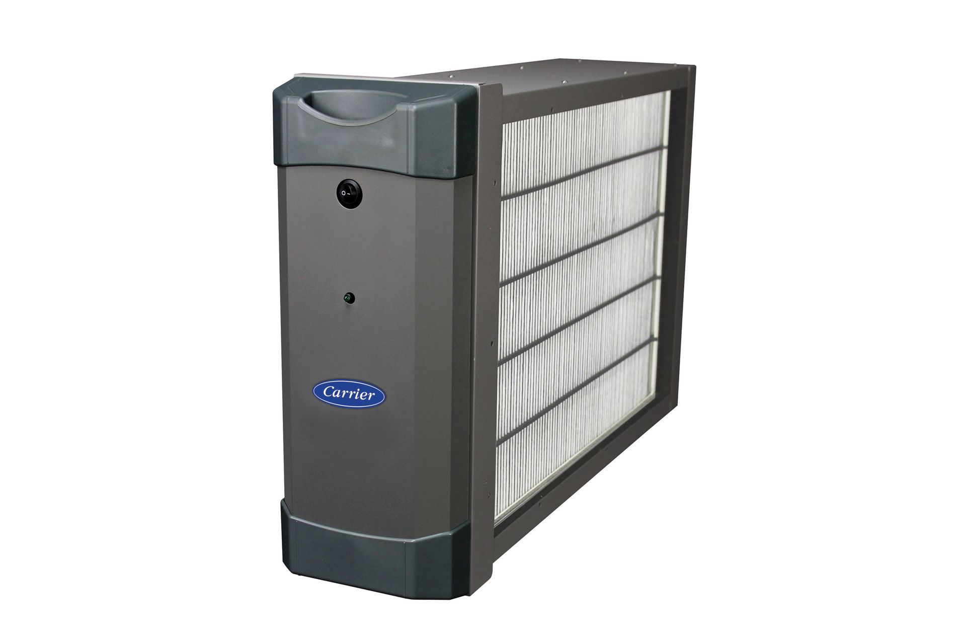 Gray and white pleated HVAC air filter on a white background