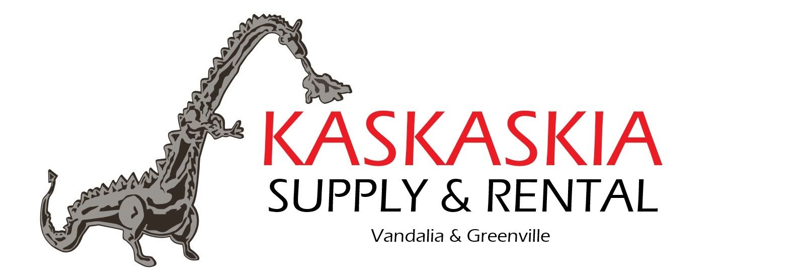 A logo for kaskaskia supply and rental with a dinosaur on it