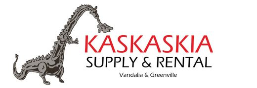 A logo for kaskaskia supply and rental with a dinosaur on it