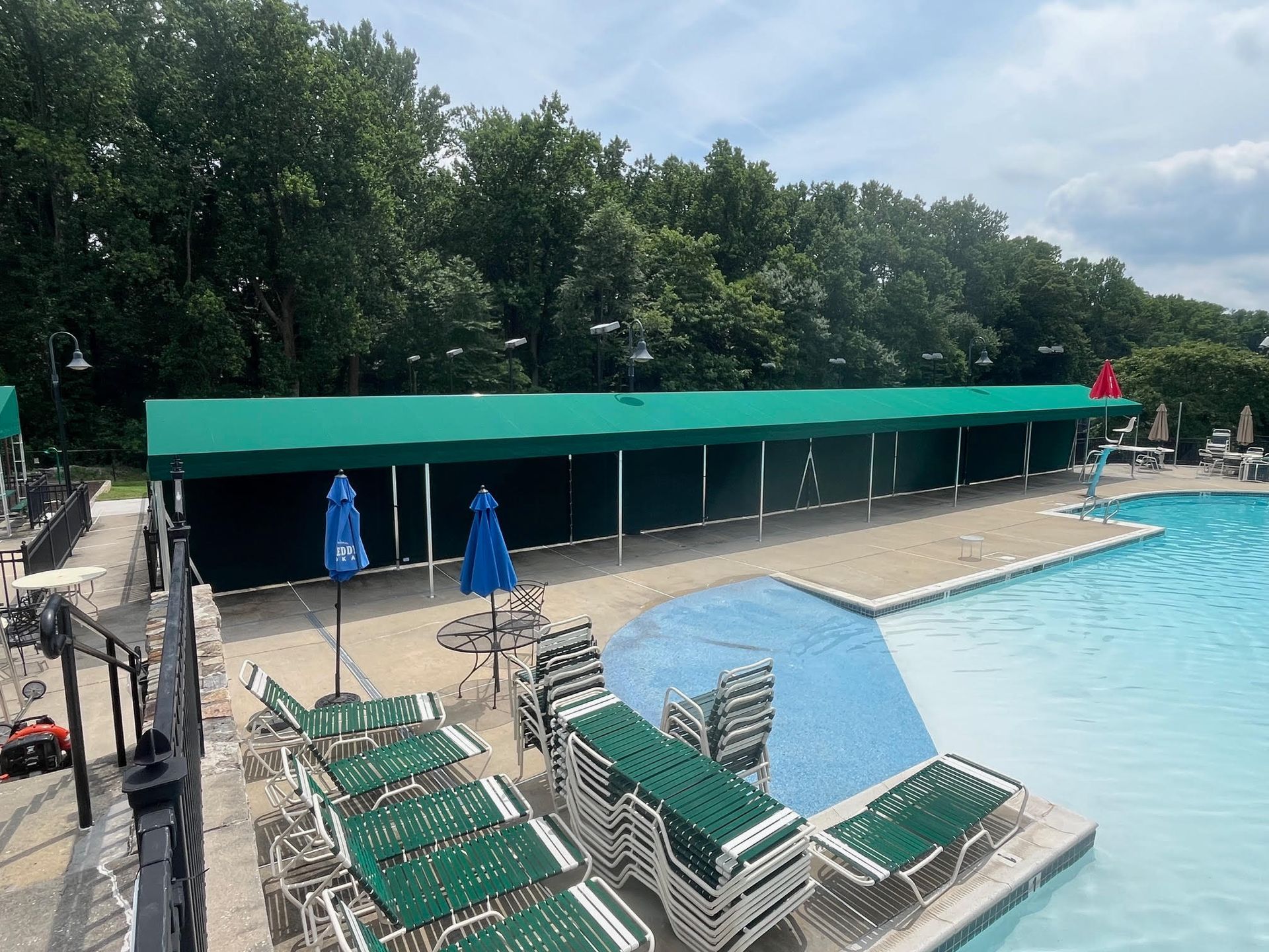 Poolside scene with green awning, pool, trees, lounge chairs, and tables.